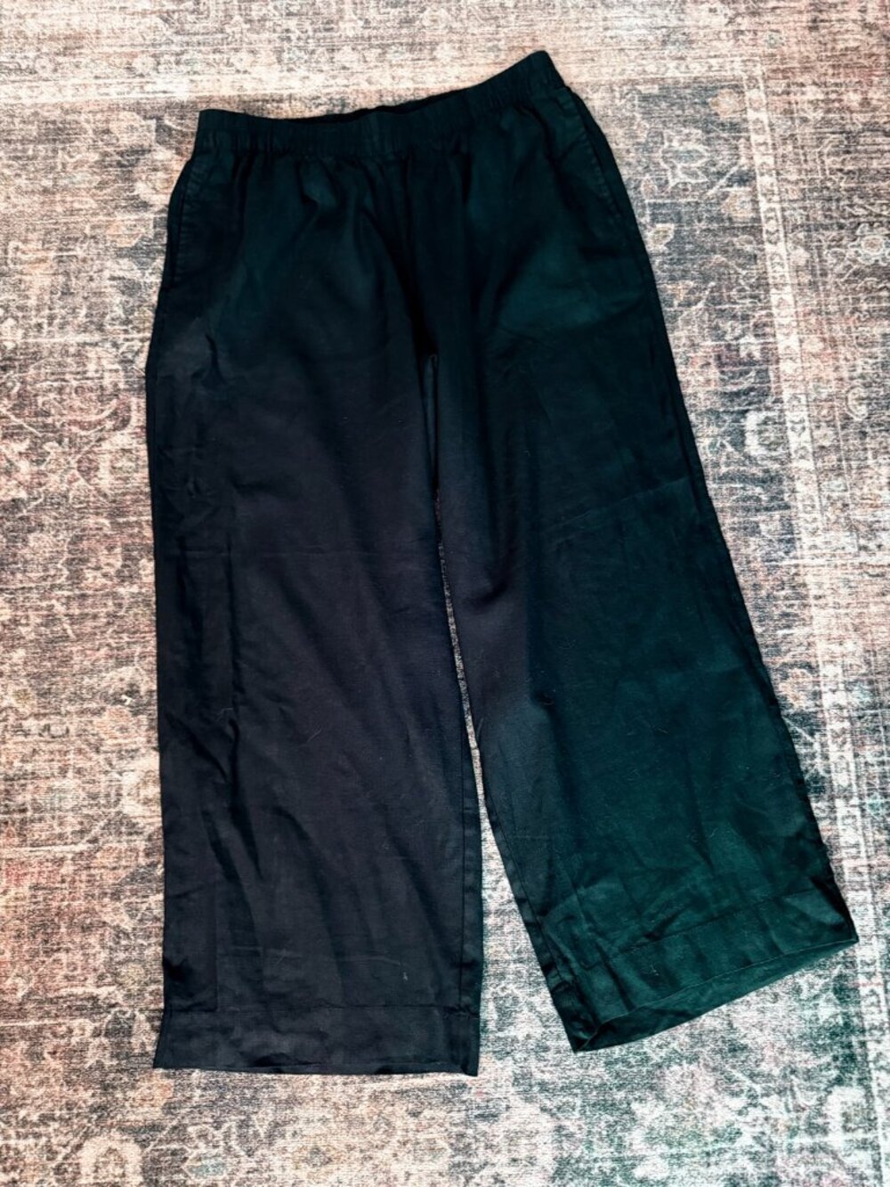 Wide Leg Pull On Pants Dark Navy Black Elastic Waist Size L